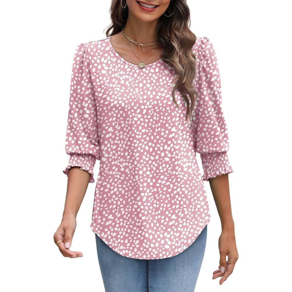 Women's Dressy Casual Blouse 3/4 Sleeve Smocked Cuffs Polyester Spandex - Picture 4 of 5